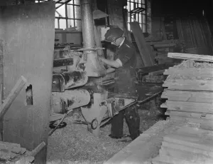 Timber Prints: Machine work at the G Ellis joinery works in Hackney. 7 April 1938