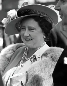 Fur Stole Prints: Her Majesty, Queen Elizabeth, The Queen Mother wearing a spring hat with peak