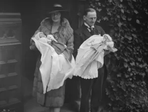 Major and Mrs Gordon home with their twin son and daughter after the christening