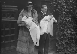 Twins Prints: Major and Mrs Gordon home with their twin son and daughter after the christening