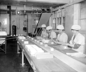 Conveyor Belt Prints: Making Ice bricks at Cady Hall. Girls packing the bricks for despatch. 3 May 1922