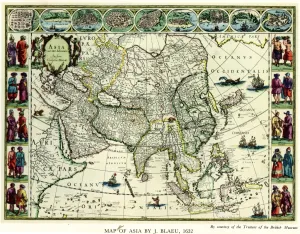 Colour Prints: Map of Asia by J Blaeu. 1632