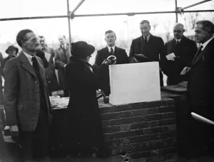 The Mayoress of Woolwich, Mrs Berry, lays the foundation stone. 25 January 1936