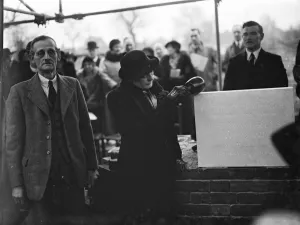 London Life Prints: The Mayoress of Woolwich, Mrs Berry, lays the foundation stone. 25 January 1936