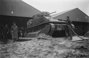 Manoeuvres Prints: Mechanical Army manoeuvres on Salisbury Plain. Men of the Tank Corps giving one