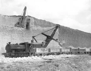 Travel Prints: Mechanical excavators loading chalk directly onto railway trucks for the short run