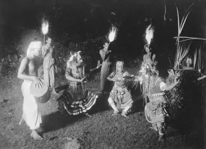 Where medieval rites survive. A picture from Ceylon, showing devil dancers exercising