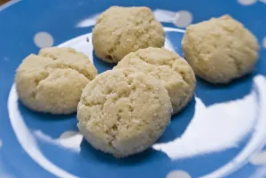 Melting Moments cookies on spotty blue and white plate credit: Marie-Louise Avery