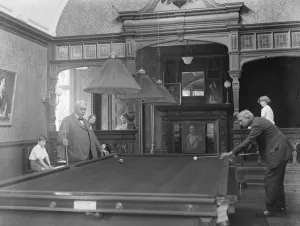 Men playing billiards at Oakhill. 1928