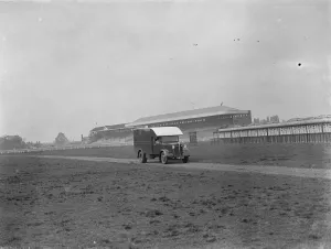 Men using a Bedford truck to set up the totalisators at Hurst Park Racecourse in Molesey