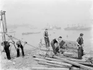 Men working on the redevelopment of the Erith riverside in London. 1937