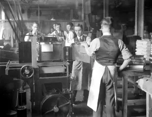 At Messrs James Burns Book Binding works at Esher. Casing in by hand. 15 May 1923