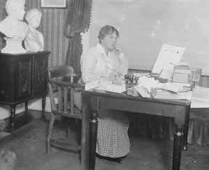 Furniture Prints: Miss Ellaline Terriss at work on the supply of I Promise badges
