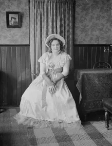 Miss Freda Lusher in Victorian dress, Dartford, Kent. 1938