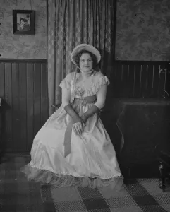 Sitting Prints: Miss Freda Lusher in Victorian dress, Dartford, Kent. 1938