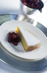 Sweet Prints: Moist dense sponge cake made with semolina served with cherry conserve credit