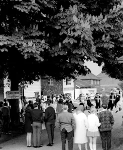 Morris dancing by the village green in Ide Hill, Kent. 1970