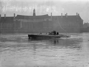 Vauxhall And Lambeth Prints: Motor torpedo boat built for foreign government undergoes tests on Thames