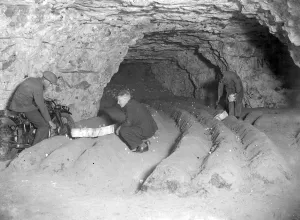 Motorcycle in caves at Chislehurst, Kent. Mushroom growing. 1934