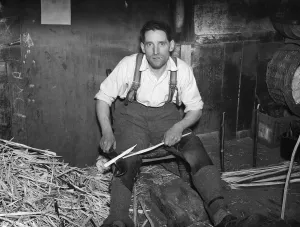Wood Prints: Mr George goodwin making wooden splints in Meopham. 1938