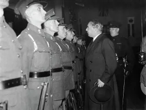 Inspection Prints: Mr Hore Belisha opens the Territorial Drill Hall in Lamorbey, Kent