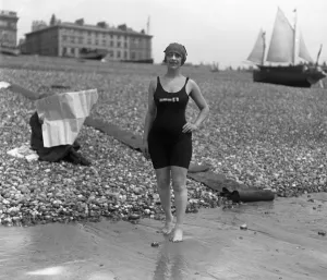 Newspaper Prints: Mrs Arthur Hamilton, lady channel swimmer at Hove beach, Sussex. 1920