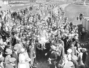Mrs Corson receives congratulations at Dover. Mrs Corson being chaired. 30 August