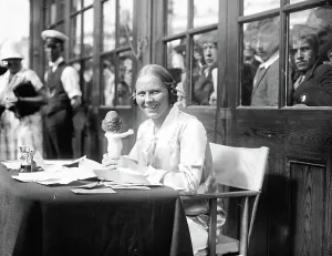 Mrs Corson receives congratulations after swimming the channel
