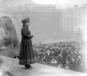 Women Prints: Mrs Emmeline Pankhurst at the war meeting in Trafalgar Square. 24 February 1917