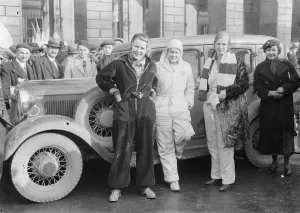 Mrs J Molander, woman competitor in Monte Carlo Rally checks in at control station
