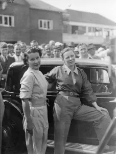 Mrs Kay Petre ( left ) beats Mrs Gwenda Stewart in womens speed duel at Brooklands