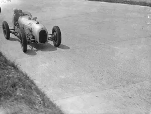 Mrs Kay Petre on the test hill hairpin bend during practice at Brooklands for the Mrs Kay Petre on the test hill hairpin bend during practice at Brooklands for the