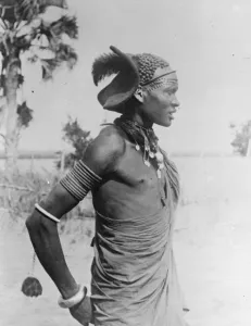 Mud coffure for a Sudan native Dandy. A Shilluk native in the Sudan photographed
