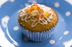 Blue Prints: Muffin decorated with squiggly icing and candied peel on spotted blue plate credit
