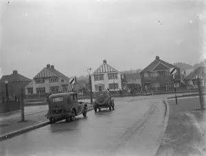 Roads Prints: National speed limit signs at a T junction in Rochester, Kent. 1939