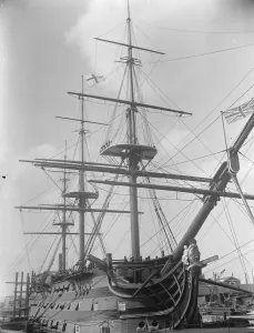 Naval review at Spithead. The famous old Victory ready for the Kings visit at Portsmouth