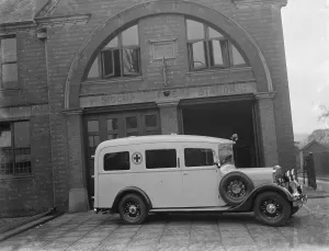 A new ambulance, parked outside Sidcup fire station, Kent. 1937