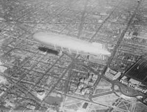 New American all metal steam driven dirigible out of hangar for first time. The City of Glendale