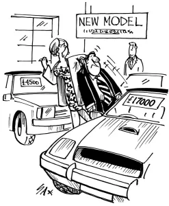 Illustration Prints: New Car Cartoon by Sax Usually paying little or no attention to political correctness