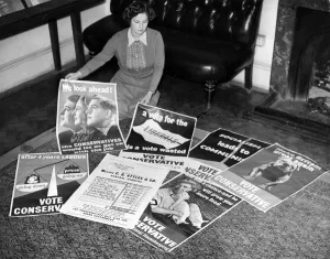 Poster Prints: New conservative election posters laid out for inspection at Conservative central