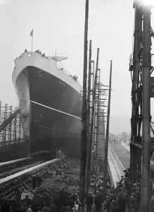 1940s Prints: The new Cunard White Star cargo liner Asia was launched yesterday, by Lady Hopkins