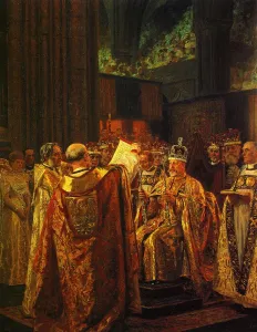 Colour Prints: The new King is crowned : King Edward VII during his coronation ceremony at Westminster Abbey