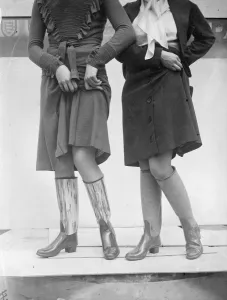 Skirt Prints: New pattern gum boots show at Islington, London. 8 October 1934