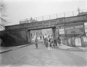 The new railings on Sidcup rail bridge in Kent. 1937