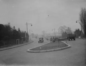 Vehicles Prints: New road island at Kemnal, Sidcup, Kent. 1938