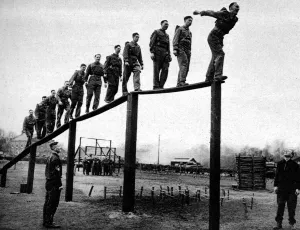 The New Sandhurst. The Royal Armoured Corps OCTU at work. Nerve balance physical fitness