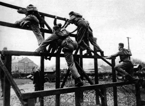 The New Sandhurst. The Royal Armoured Corps OCTU at work. Nerve balance physical fitness