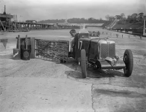 New swinging safety barriers erected ons bends at Brooklands track. A new