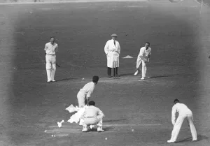 New Zealand bowlers in action. R C Blunt, the New Zealander, bowling against