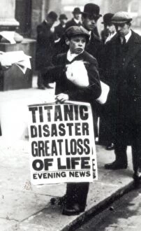 Workers Collection: A newspaper boy spreads the news of the sinking of the Titanic to bystanders outside